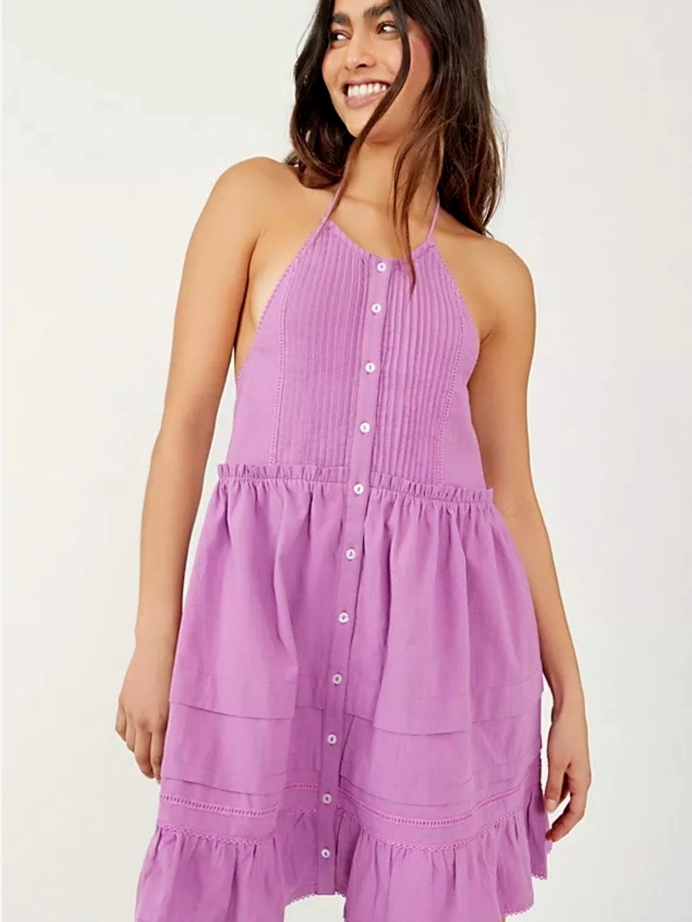Free People Desert Days Sleeveless Halter Tiered Button-Front Mini-Dress